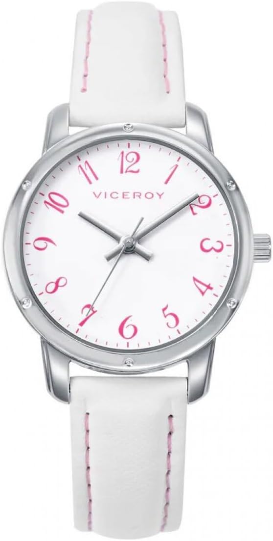 Viceroy Fashion Girl's Communion Watch 401274-04 – Steel Case, White Leather Strap, Quartz Movement, Silver Bracelet with Pink Cord Gift, white, strip