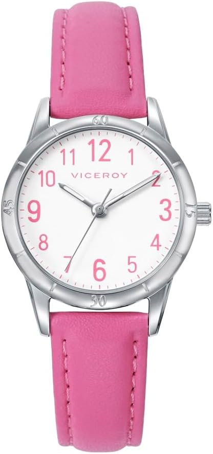 Viceroy Reloj Fashion Niña Comunión 401278-04 – Caja de Acero, Correa de Piel Rosa, Movimiento de Cuarzo, Pulsera de Plata con Cordón Rosa de Regalo