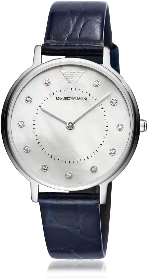 Emporio Armani Reloj de mujer, movimiento de dos manecillas, caja de acero inoxidable plateado de 32 mm con correa de piel, AR11095, Azul marino y blanco roto