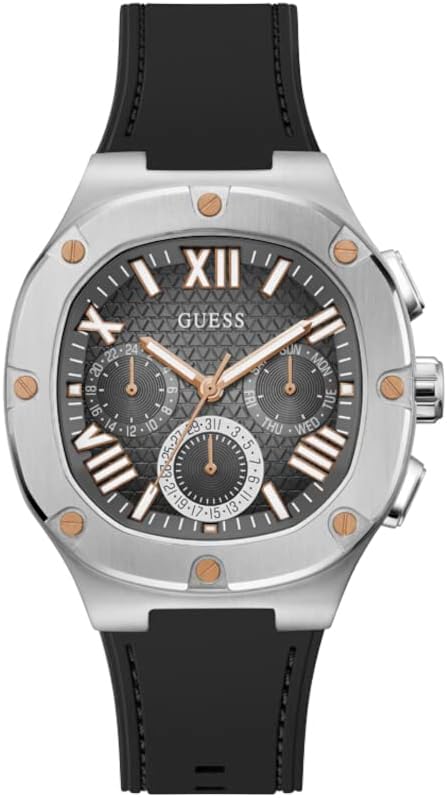 Guess Men's 42mm Watch - Black Strap Gunmetal Dial Silver Tone Case