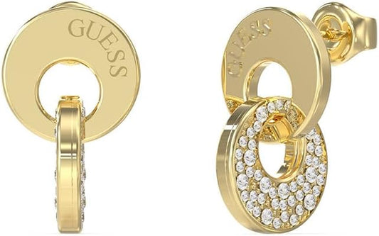Guess Pendientes Blooming Summer Dorados – Colgantes con Doble Eslabón Circular y Cristales Pavé Blancos
