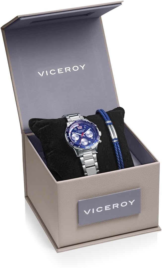 Viceroy Reloj Fashion Niño Comunión 401421-34 – Caja y Brazalete de Acero, Movimiento de Cuarzo Cronógrafo, Pulsera de Acero y Piel Azul de Regalo