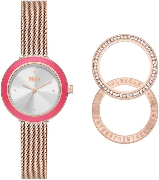 DKNY Reloj para mujer Sasha, movimiento de cuarzo de tres manecillas, caja de acero inoxidable dorado rosa de 29 mm con correa de acero, NY6654SET