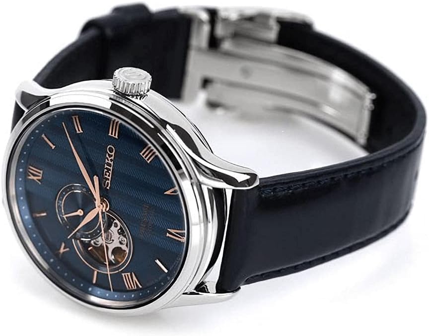 Seiko Presage SSA421J1 - Reloj automático de piel de zafiro con corazón abierto, diseño de jardín zen japonés, color azul "Sakura by Night", Azul, Asiático moderno