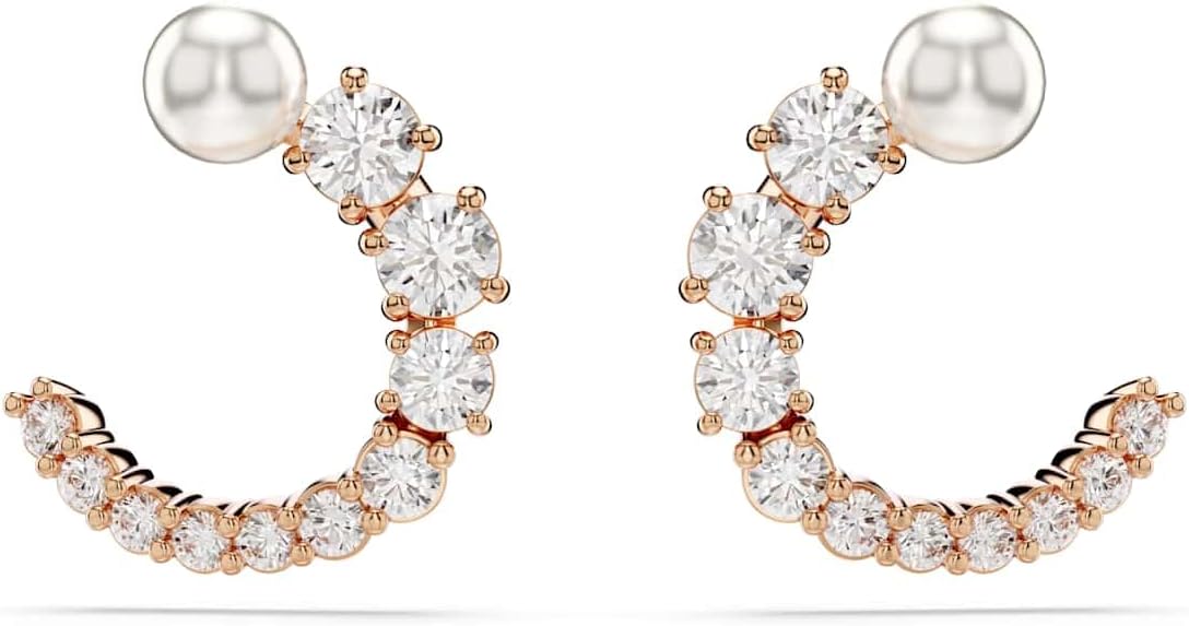 Swarovski Pendientes de aro Matrix, Perla de cristal, Talla redonda, Blancos, Baño tono oro rosa