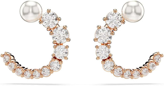 Swarovski Pendientes de aro Matrix, Perla de cristal, Talla redonda, Blancos, Baño tono oro rosa