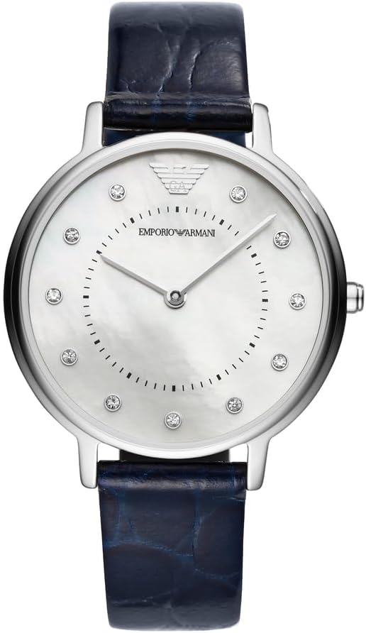 Emporio Armani Reloj de mujer, movimiento de dos manecillas, caja de acero inoxidable plateado de 32 mm con correa de piel, AR11095, Azul marino y blanco roto