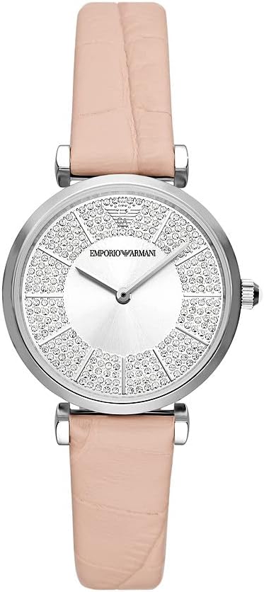 Emporio Armani Reloj de mujer Movimiento de cuarzo/2 agujas Caja de 32 mm con correa de piel AR11543, Rosa claro y purpurina