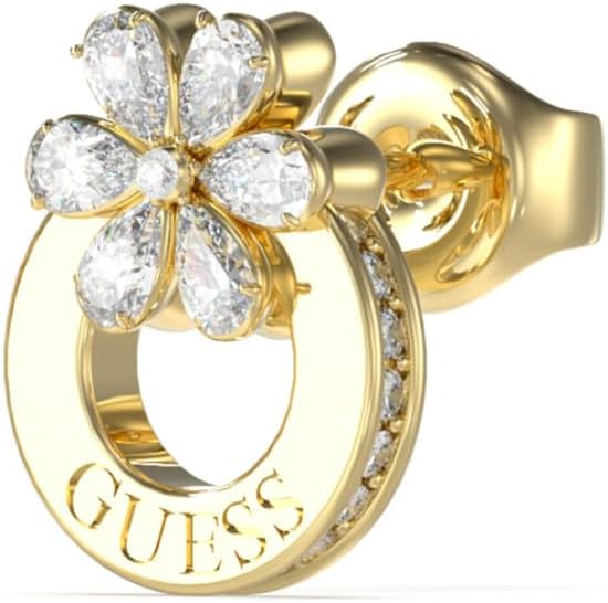 Guess Pendientes Lily Dorados – Argollas de Acero con Flor de Lirio en Cristales Blancos