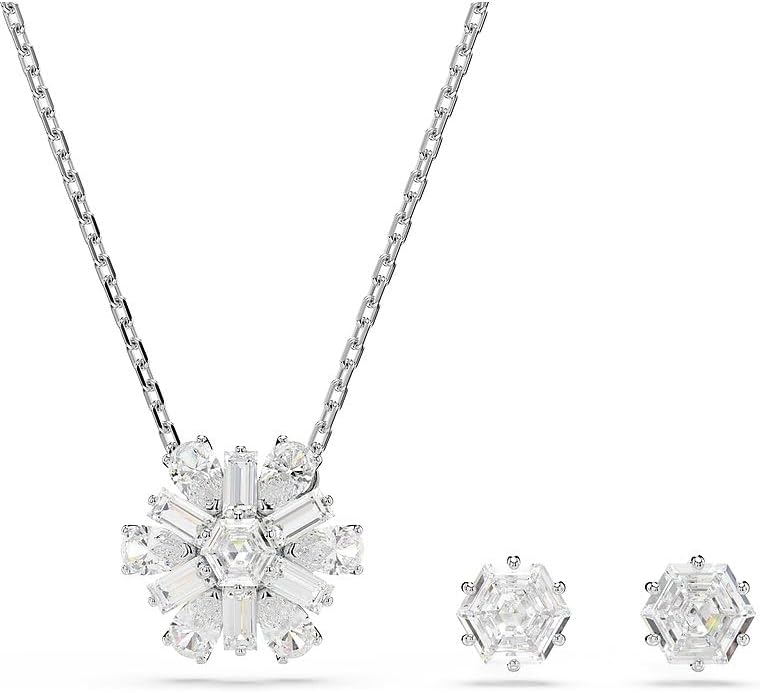 Swarovski Idyllia - Juego de joyas de copo de nieve de corte mixto chapado en rodio, color blanco, Standard, Piedra Metal, Circonita cúbica