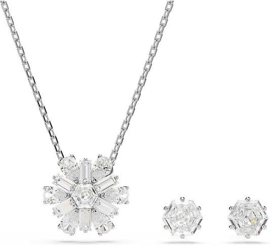 Swarovski Idyllia - Juego de joyas de copo de nieve de corte mixto chapado en rodio, color blanco, Standard, Piedra Metal, Circonita cúbica