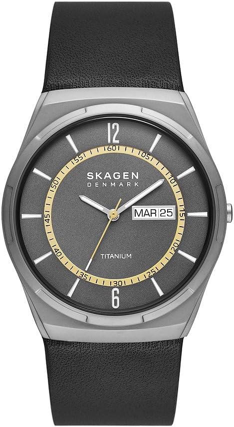 Skagen Melbye Titanium Reloj para Hombre, Movimiento de Cuarzo a Tres Agujas con Correa de Acero o Piel