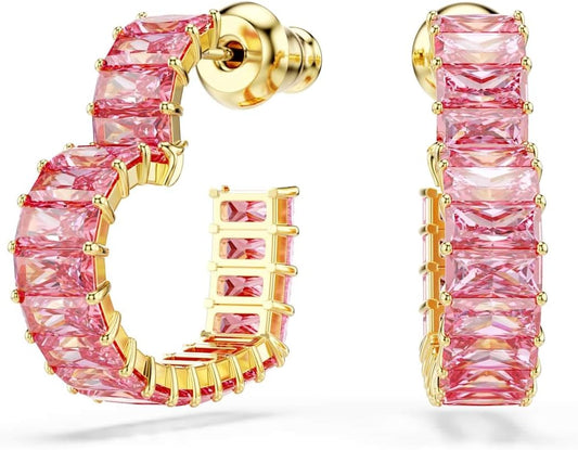 Swarovski Pendientes de aro Matrix, Talla baguette, Corazón, Pequeños, Rosas, Baño tono oro