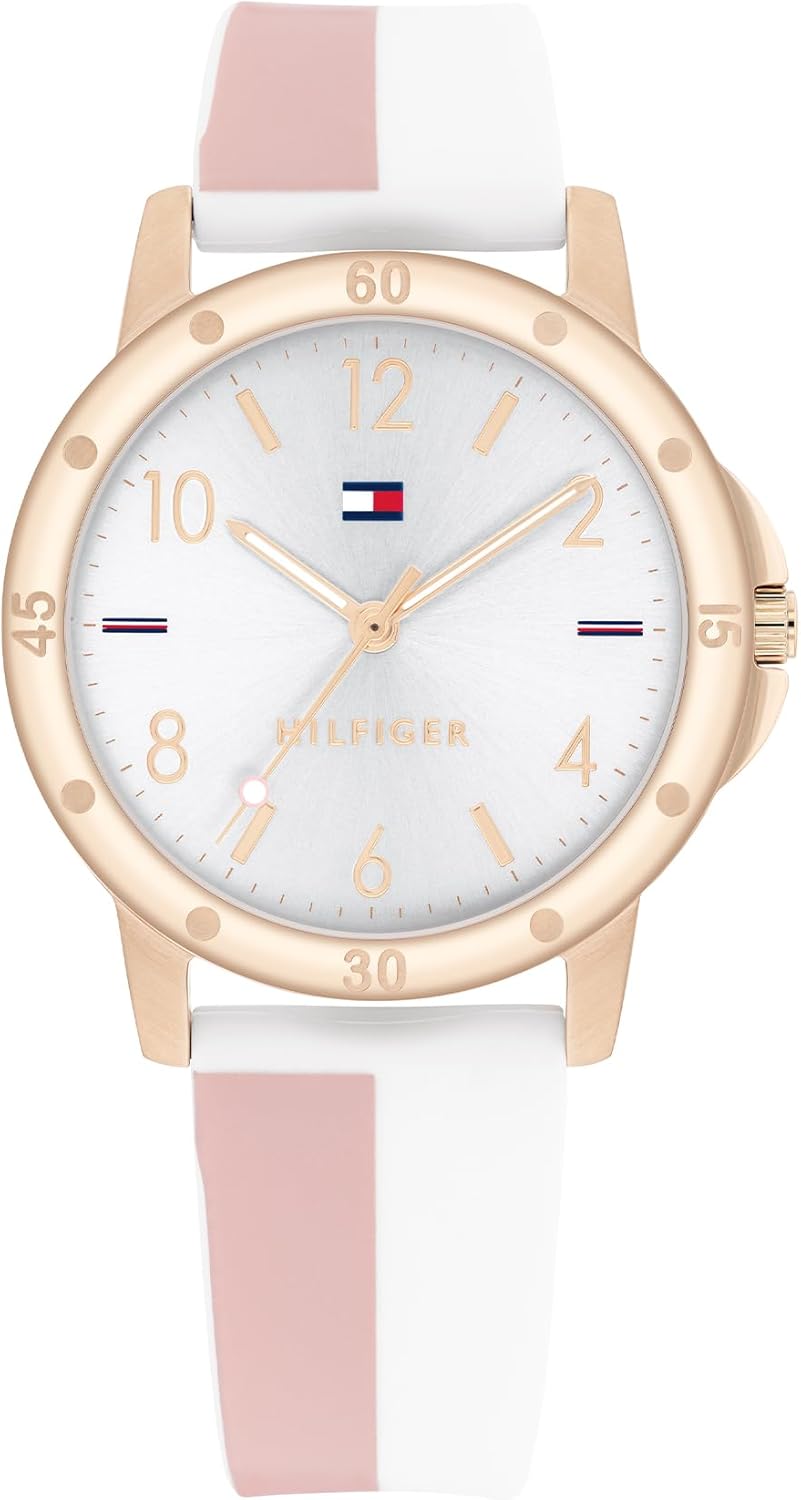 Tommy Hilfiger Girl's Watch with Silver Dial, White and Pink Silicone Strap, Rose Gold Case 32 mm, Quartz Movement 3 Hands, Water Resistant 3 ATM - 1720015
