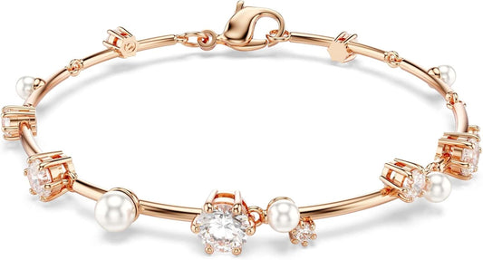 Swarovski Pulsera Tennis Constella Crystal Pearl, Tallas redondas, Blanca, Baño tono oro rosa