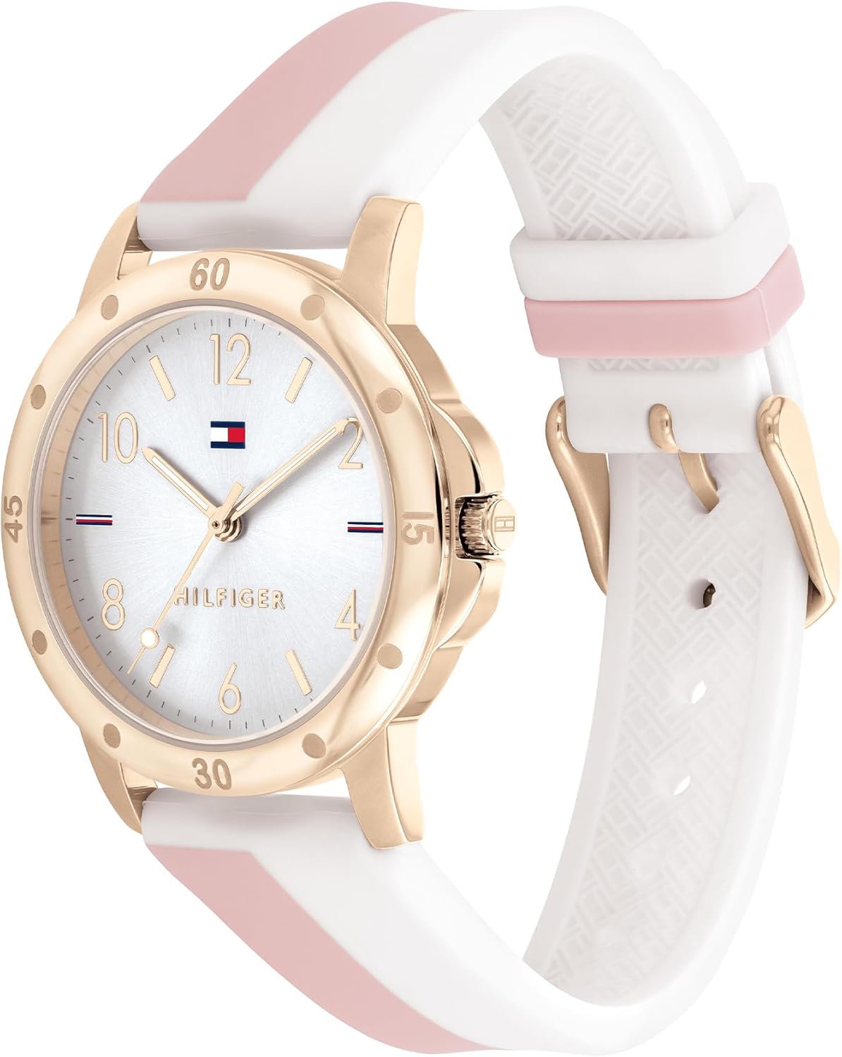 Tommy Hilfiger Girl's Watch with Silver Dial, White and Pink Silicone Strap, Rose Gold Case 32 mm, Quartz Movement 3 Hands, Water Resistant 3 ATM - 1720015