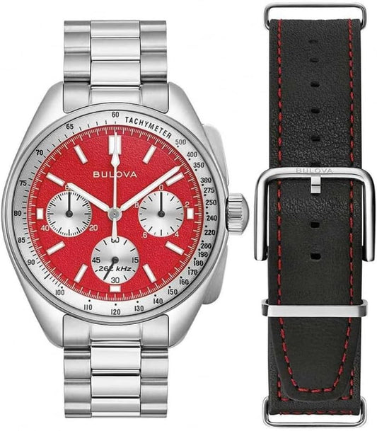Bulova Reloj de Cuarzo Lunar Pilot de 43,5 mm con cronógrafo, Calendario, Correa de Acero Inoxidable y Correa Adicional Intercambiable de Cuero Negro