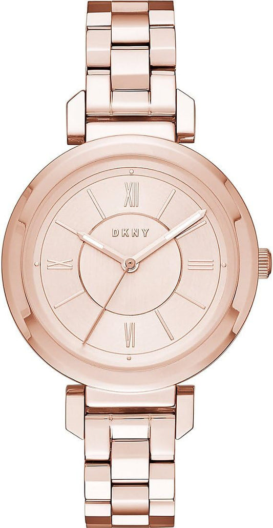 DKNY Reloj para mujer Ellington, movimiento de tres manecillas, caja de acero dorado rosa de 34 mm con correa de acero, NY2584