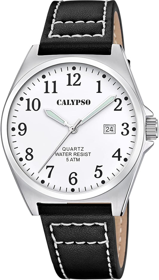 CALYPSO Reloj Hombre K5868/1 Basic Caja de Acero Inoxidable 316l Plateado Correa de Piel Negro