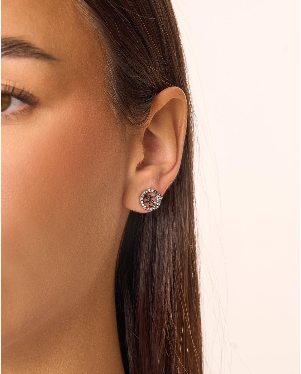 Guess Pendientes 4 Love Plateados – Botón con Logo 4G, Flores y Cristales Blancos