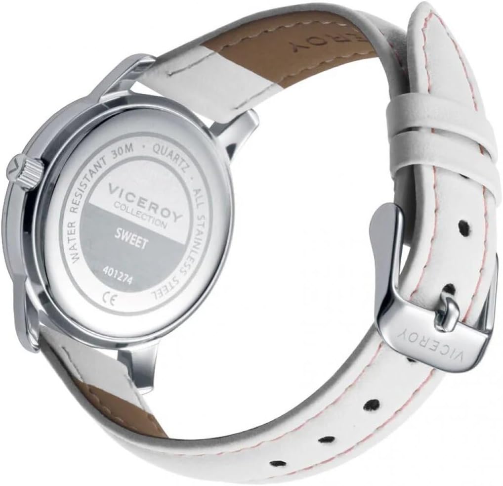 Viceroy Fashion Girl's Communion Watch 401274-04 – Steel Case, White Leather Strap, Quartz Movement, Silver Bracelet with Pink Cord Gift, white, strip