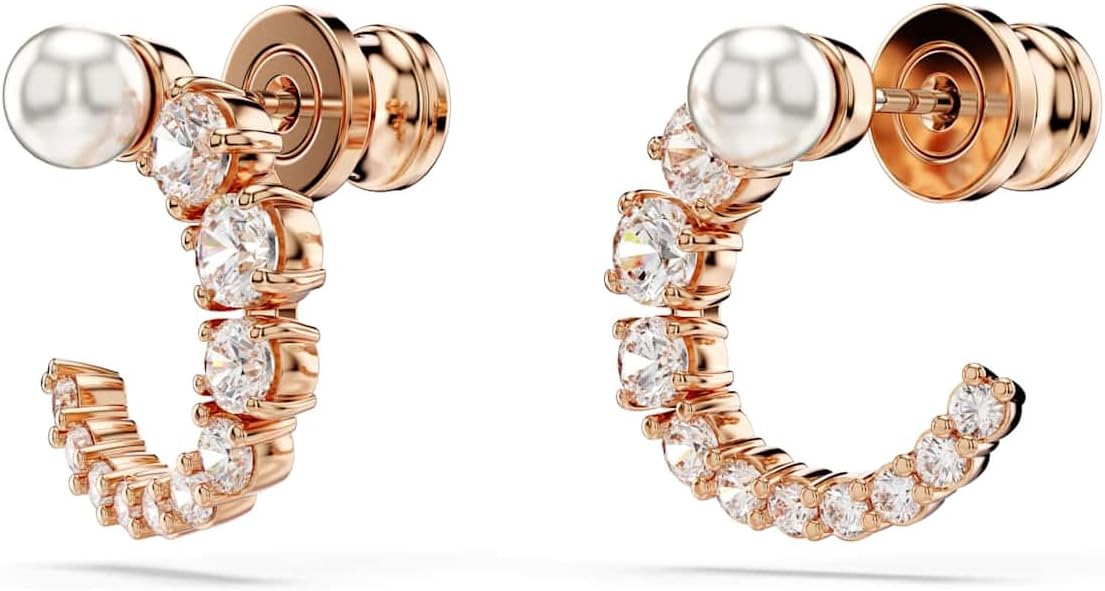 Swarovski Pendientes de aro Matrix, Perla de cristal, Talla redonda, Blancos, Baño tono oro rosa