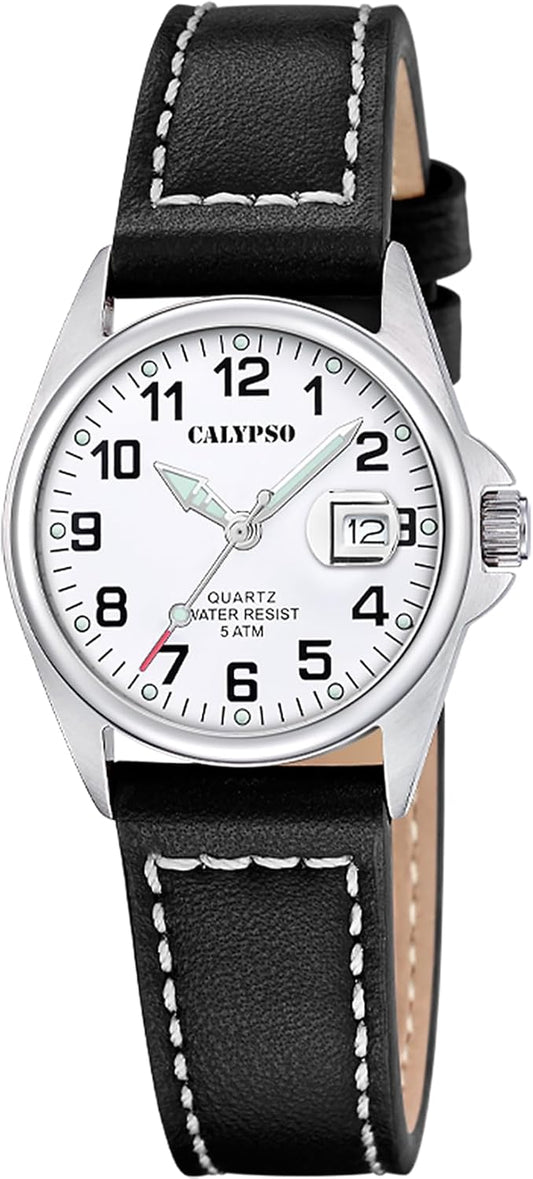 CALYPSO Reloj Mujer K5871/1 Basic Caja de Acero Inoxidable 316l Plateado Correa de Piel Negro