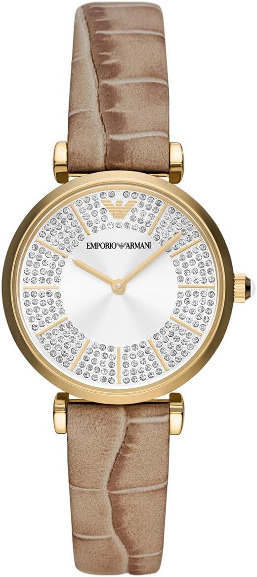 Emporio Armani Reloj de mujer, movimiento de dos manecillas, caja de acero inoxidable dorado de 32MM con correa de piel, AR11518, Bronceado y tono dorado