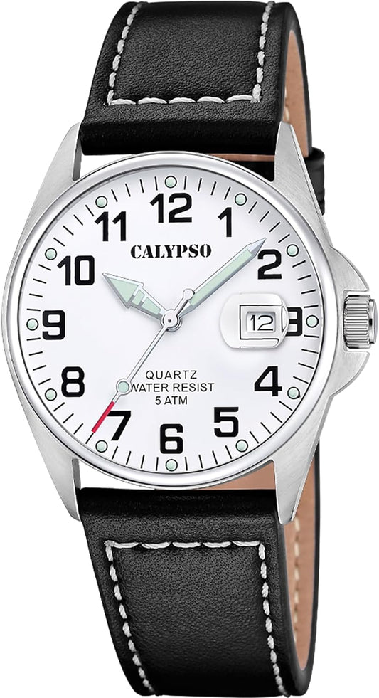CALYPSO Reloj Hombre K5870/1 Basic Caja de Acero Inoxidable 316l Plateado Correa de Piel Negro