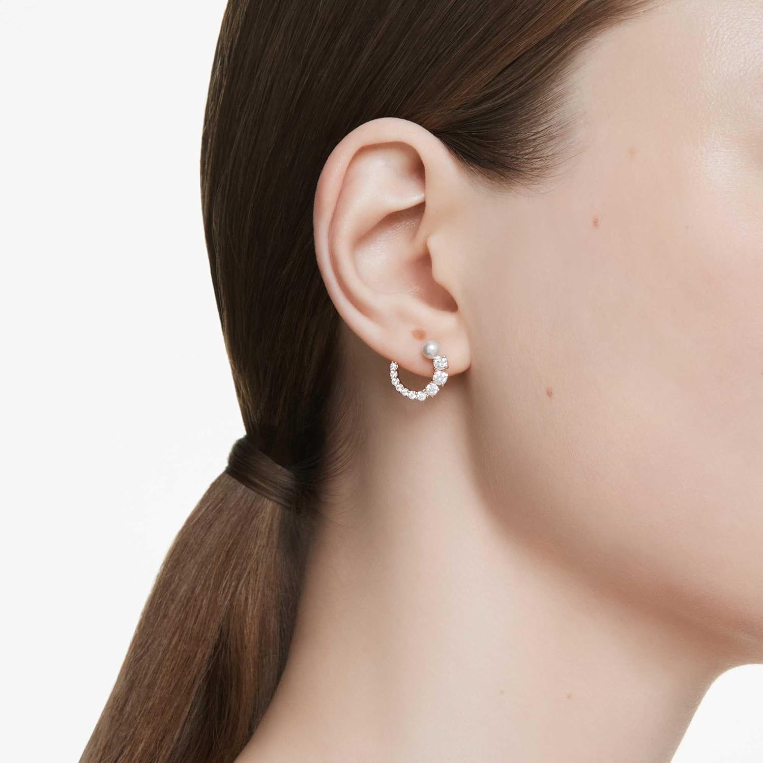 Swarovski Pendientes de aro Matrix, Perla de cristal, Talla redonda, Blancos, Baño tono oro rosa