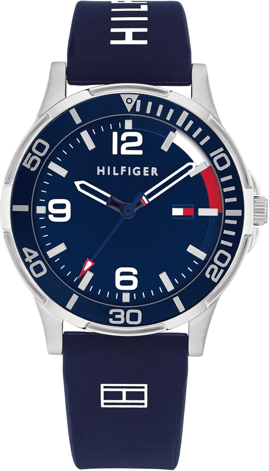 Tommy Hilfiger Reloj para Niño con Esfera Azul, Correa de Silicona Azul, Caja de Acero Inoxidable de 34mm, Bisel de Aluminio, Movimiento de Cuarzo de 3 Manecillas, Resistente al Agua 5 ATM - 1720016