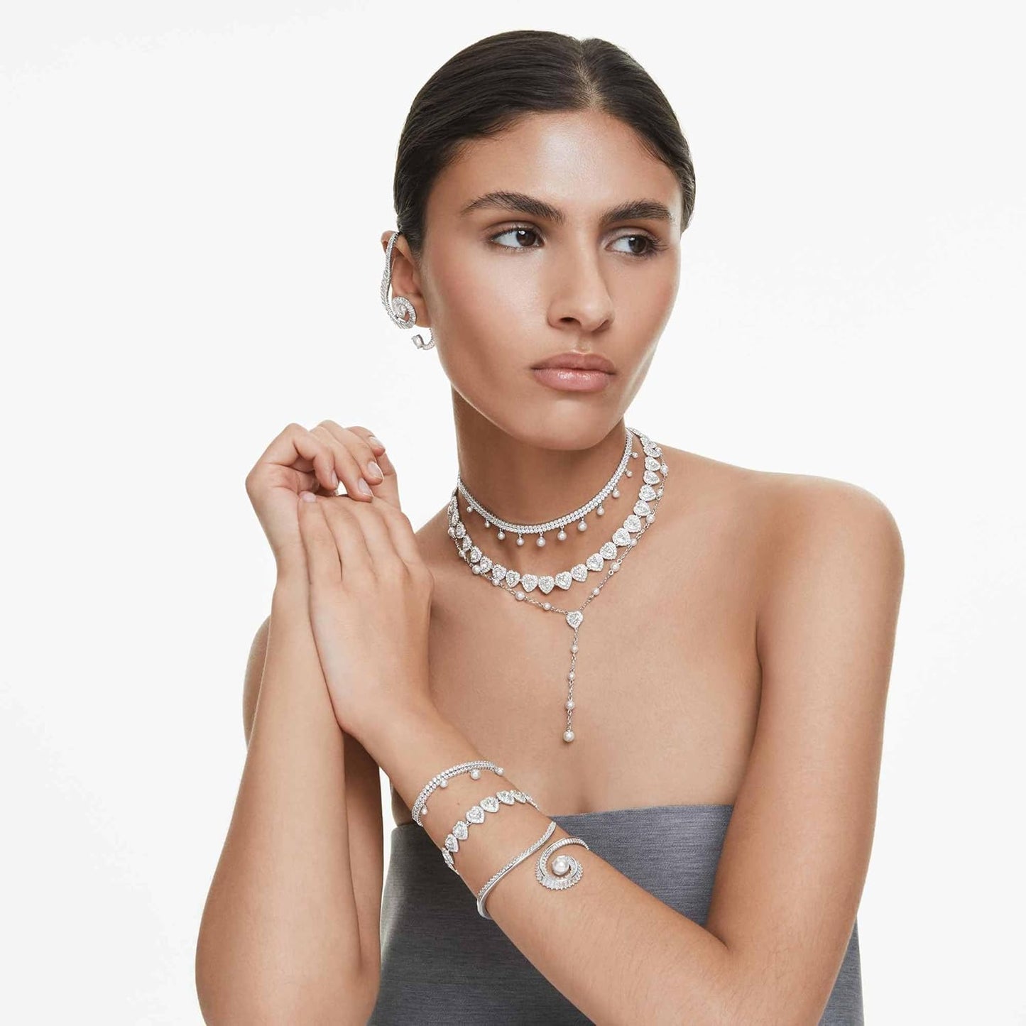 Swarovski Pulsera de tenis, cortes mixtos, corazón, blanco, acabado de rodio, M
