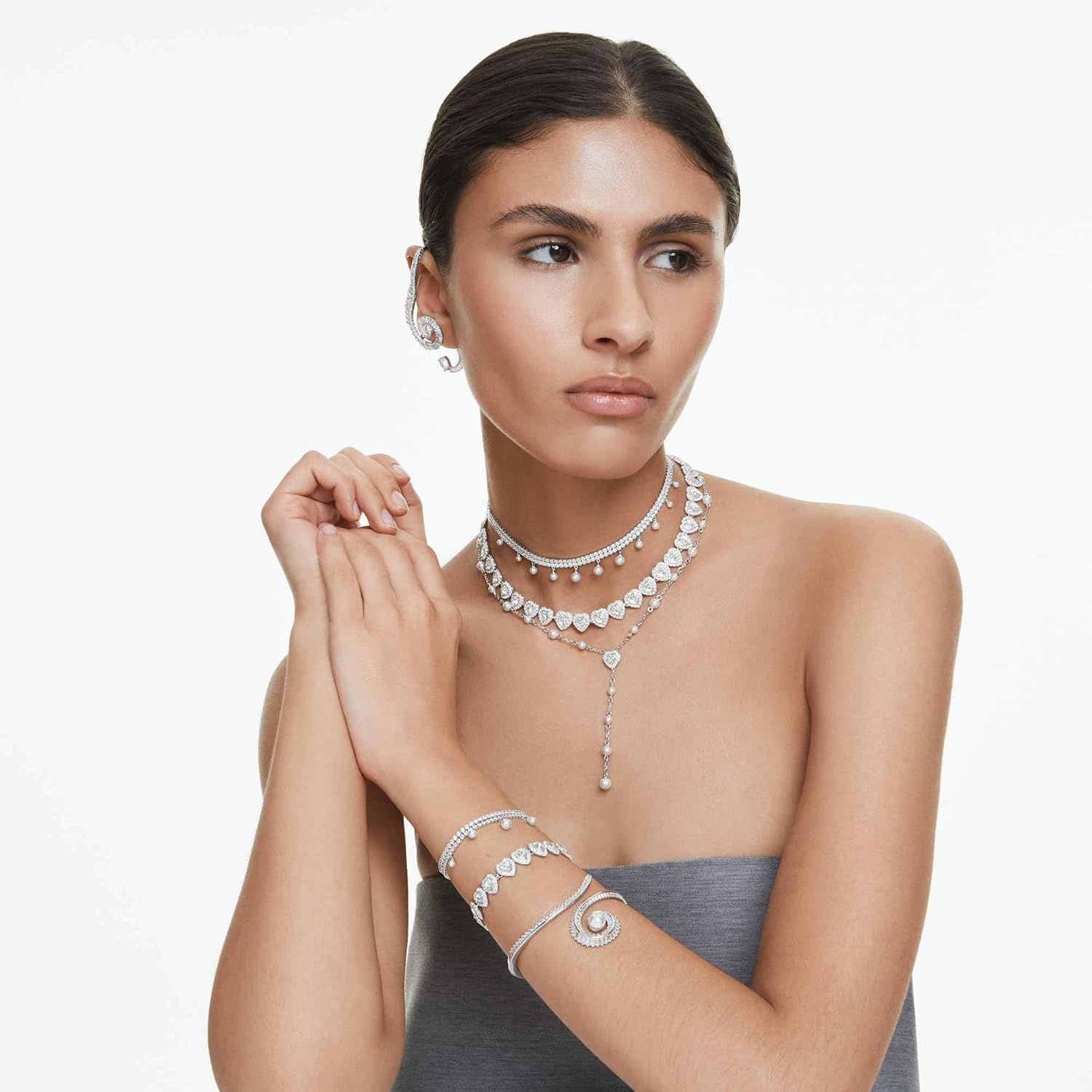 Swarovski Pulsera de tenis, cortes mixtos, corazón, blanco, acabado de rodio, M