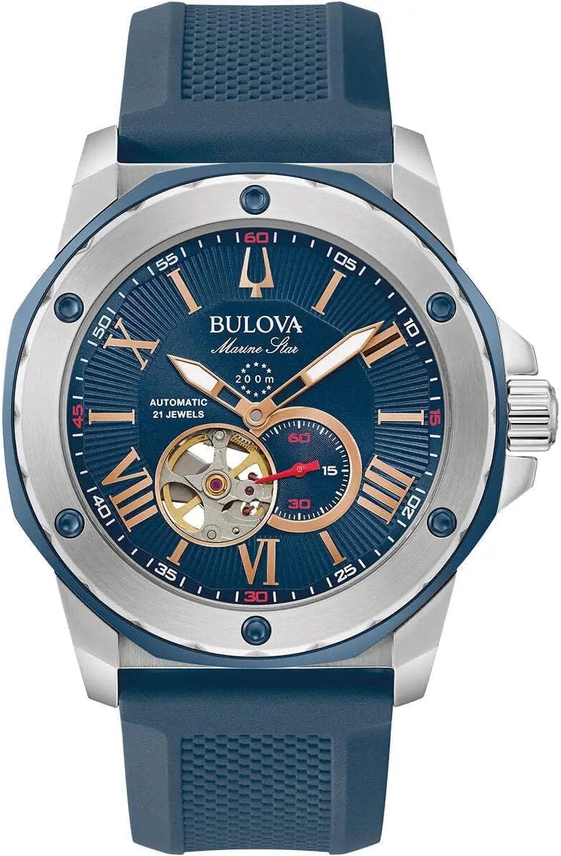 Bulova Reloj mecánico analógico para Hombre con Correa de Goma 98A282, Azul, Pulsera