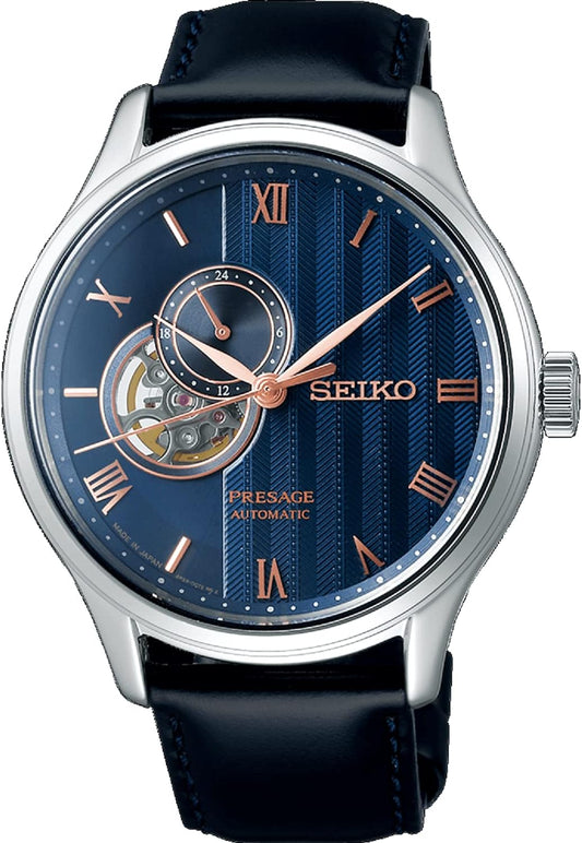 Seiko Presage SSA421J1 - Reloj automático de piel de zafiro con corazón abierto, diseño de jardín zen japonés, color azul "Sakura by Night", Azul, Asiático moderno