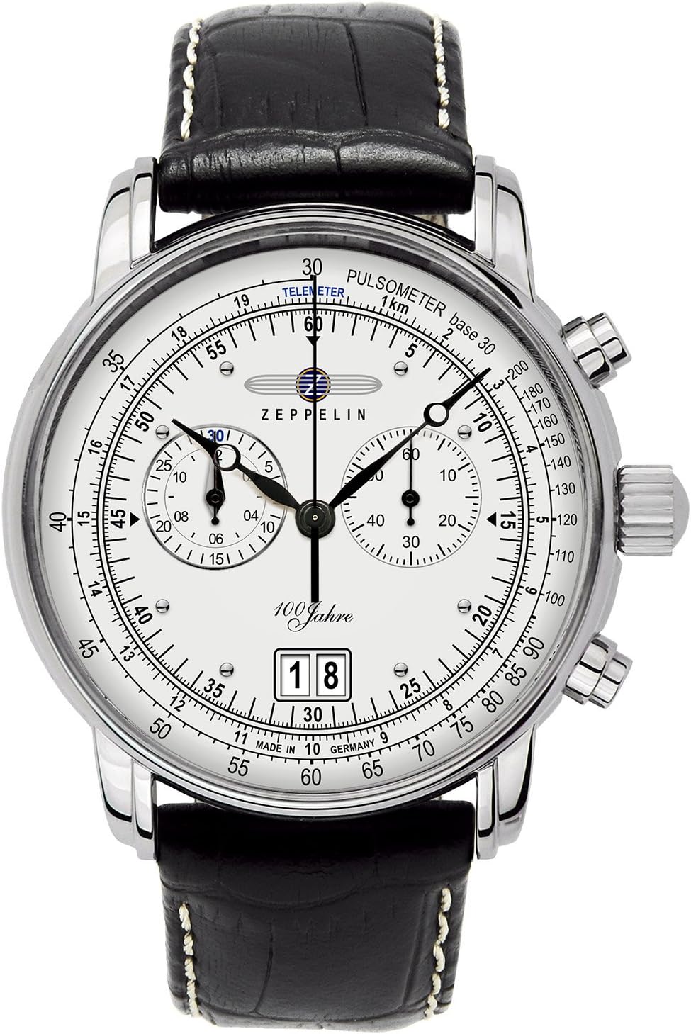 Zeppelin Men's Quartz Chronograph Watch with Leather Strap – 76901, Black White, strap