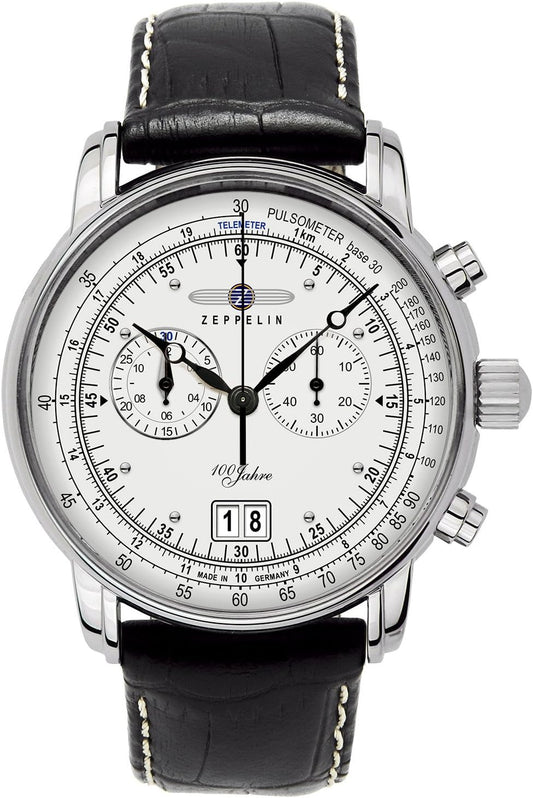 Zeppelin Men's Quartz Chronograph Watch with Leather Strap – 76901, Black White, strap