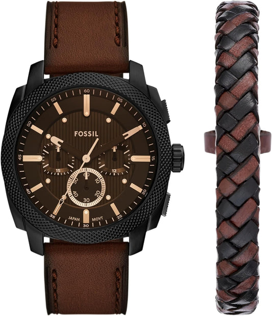Fossil Reloj cronógrafo de acero inoxidable para hombre, Juego de regalo de cuero marrón/negro, 44mm