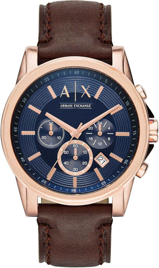 Armani Exchange Reloj Hombre, Movimiento Cronógrafo Cuarzo, 45mm Caja de acero inoxidable plateado con correa de piel, AX2501