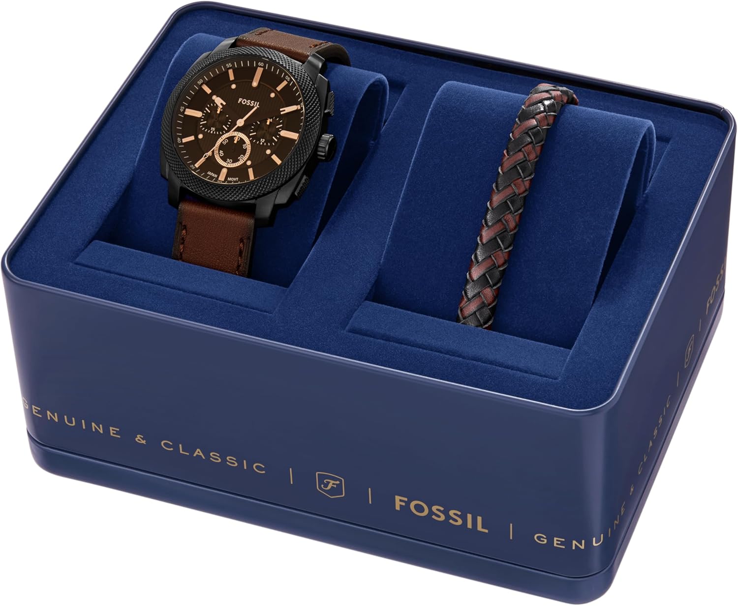 Fossil Reloj cronógrafo de acero inoxidable para hombre, Juego de regalo de cuero marrón/negro, 44mm