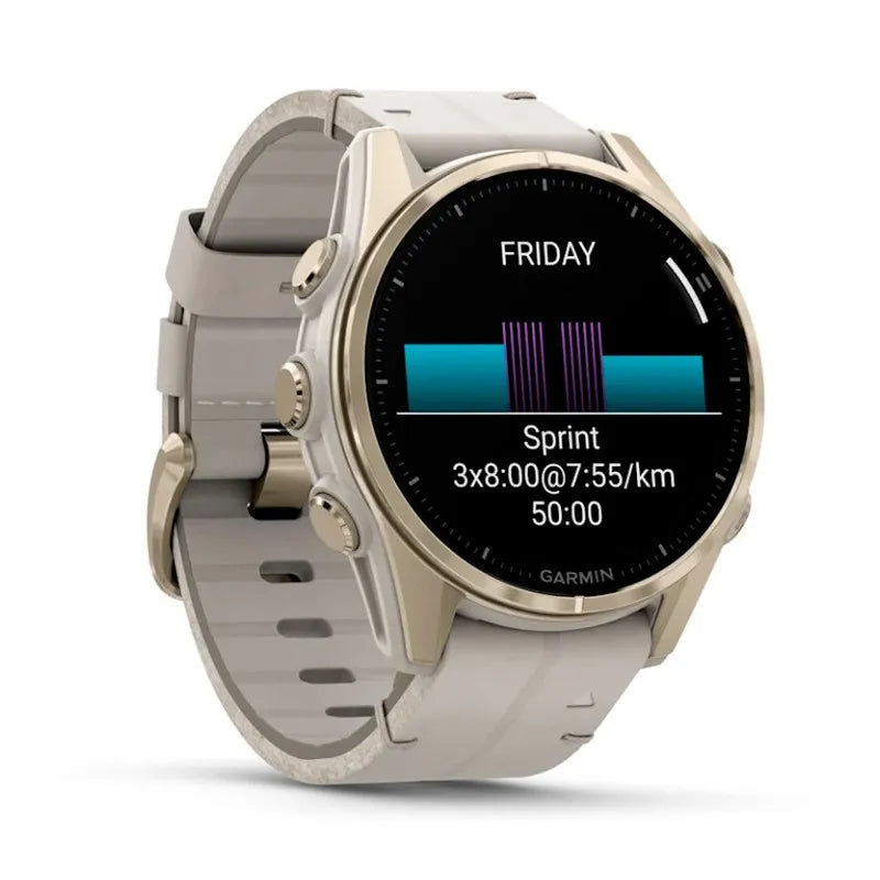 Garmin Reloj para hombre FENIX 8 43mm Premium Amoled Dorado con correa de cuero color beige  ref: 010-02903-40